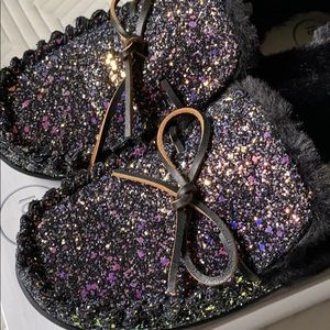 NIB Poppy Moc slipper black glitter moccasins 8